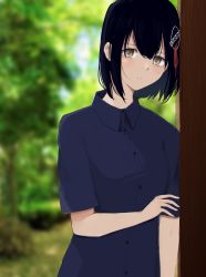 Rule 34 | 1girl, 73suke, absurdres, alternate costume, black hair, black shirt, blurry, brown eyes, commentary request, depth of field, dress shirt, haguro (kancolle), hair ornament, highres, kantai collection, looking at viewer, pillar, shirt, short hair, solo, tree, upper body