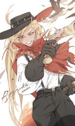 Rule 34 | 1girl, bandana, bebseo, bird, bird tail, bird wings, black hat, blonde hair, braid, brown eyes, character name, cookie run, cowboy hat, cowboy western, feather hair ornament, feathers, finger on trigger, gloves, gun, hair ornament, handgun, hat, hat feather, highres, holding, holding weapon, looking at viewer, pistol, ponytail, rye cookie, tail, tan, weapon, wings