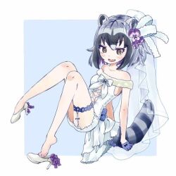 Rule 34 | 1girl, alternate costume, animal ears, back bow, bare shoulders, blue gloves, blush, bow, brown eyes, commentary request, common raccoon (kemono friends), dress, fang, footwear bow, fur trim, gloves, grey hair, high heels, kemono friends, megumi 222, multicolored hair, open mouth, purple bow, raccoon ears, raccoon girl, raccoon tail, shoe dangle, short hair, sleeveless, smile, solo, tail, thigh strap, wedding dress, white dress, white footwear, white fur