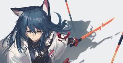 Rule 34 | 1girl, animal ears, arknights, black shirt, blue hair, brown eyes, commentary, dog tags, fixro2n, grey background, hair between eyes, highres, holding, holding sword, holding weapon, id card, jacket, long hair, looking at viewer, official alternate costume, open clothes, open jacket, planted, planted sword, planted weapon, shadow, shirt, simple background, solo, sword, texas (arknights), texas (winter messenger) (arknights), upper body, weapon, white jacket, wolf ears
