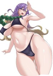 Rule 34 | 1girl, bare arms, bare legs, beads, bikini, black bikini, breasts, covered erect nipples, gluteal fold, gradient hair, highres, hijiri byakuren, large breasts, light brown hair, long hair, looking at viewer, matahari, multicolored hair, navel, open mouth, outstretched arms, prayer beads, purple hair, shiny skin, simple background, skindentation, solo, stomach, string bikini, swimsuit, thigh gap, touhou, underboob, wavy hair, white background