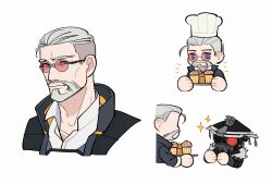 Rule 34 | 1boy, 1other, animification, apex legends, ballistic (apex legends), black helmet, black jacket, bloodhound (apex legends), chef hat, chibi, chinese commentary, cowlick, facial hair, food, goatee, goggles, grey hair, hair behind ear, hat, helmet, highres, jacket, muffin, multiple views, rebreather, shirt, smile, sunglasses, white background, white hat, white shirt, zhuyishanren
