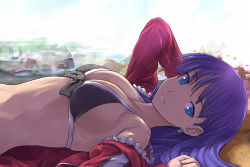 Rule 34 | 1girl, bare shoulders, bikini, bikini top only, blue eyes, breasts, earrings, fate/grand order, fate (series), frills, jacket, jewelry, large breasts, long hair, long sleeves, looking at viewer, lying, martha (fate), martha (swimsuit ruler) (fate), martha (swimsuit ruler) (second ascension) (fate), on back, purple hair, smile, solo, swimsuit, tsuyadashi shuuji