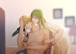 Rule 34 | 1boy, abs, androgynous, bad id, bad pixiv id, blonde hair, blunt bangs, blurry, blurry background, chair, collarbone, earrings, enkidu (fate), fate/grand order, fate/strange fake, fate (series), gilgamesh (fate), green eyes, green hair, hair dryer, hand on another&#039;s arm, hand on own head, highres, jewelry, leaning on person, long hair, long sleeves, nipples, no shirt, partially opened mouth, red eyes, robe, rrr (reason), short hair, sitting, smile, upper body, whispering, white robe, wide sleeves