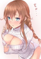 Rule 34 | 10s, 1girl, aqua eyes, blush, braid, breasts, brown hair, cleavage, cleavage cutout, clothing cutout, covered erect nipples, female focus, highres, kantai collection, large breasts, long hair, looking at viewer, md5 mismatch, melopun, meme attire, no pants, noshiro (kancolle), open-chest sweater, panties, sleeves past wrists, solo, sweater, text focus, translated, underwear, white panties