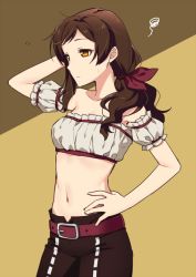 Rule 34 | 1girl, belt, bow, brown background, brown eyes, brown hair, brown pants, collarbone, cowboy shot, detached sleeves, grey sleeves, hair bow, hair over shoulder, hand in own hair, hand on own hip, idolmaster, idolmaster million live!, kitazawa shiho, long hair, midriff, navel, pants, red bow, short sleeves, solo, standing, stomach, strapless, sweatdrop, touon