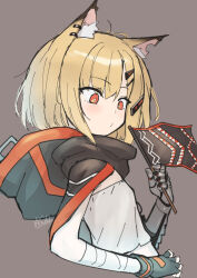Rule 34 | 1girl, animal ears, arknights, black cape, black gloves, blonde hair, brown background, cape, flag, flat chest, fox ears, fox girl, gloves, highres, holding, holding flag, hood, hooded cape, mitake eil, notched ear, orange eyes, prosthesis, prosthetic arm, shirt, simple background, single glove, sketch, solo, upper body, vermeil (arknights), white shirt