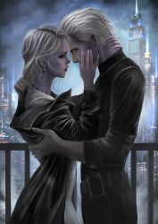 Rule 34 | albert wesker, alex wesker, almost kiss, balcony, black trench coat, blonde hair, blue eyes, bracelet, cityscape, coat, earrings, fanat08, hand cupping face, hand on another&#039;s face, jewelry, looking at another, makeup, necklace, red eyes, red lips, removing jacket, resident evil, resident evil: revelations 2, siblings, trench coat