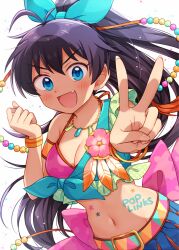 Rule 34 | 1girl, antenna hair, armband, belt, black hair, blue eyes, blush, bracelet, breasts, crop top, fang, feathers, flower, ganaha hibiki, hair ribbon, hand up, hiiringu, idolmaster, idolmaster million live!, idolmaster million live! theater days, jewelry, long hair, looking at viewer, medium breasts, midriff, multicolored clothes, navel, necklace, open mouth, ponytail, ribbon, sash, smile, solo, standing, v, wristband