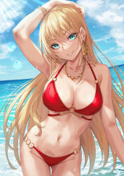Rule 34 | 1girl, aqua eyes, arm up, armpits, bare arms, bare shoulders, bikini, blonde hair, bracelet, breasts, cleavage, collarbone, commentary request, cowboy shot, earrings, highres, jewelry, large breasts, looking at viewer, navel, o-ring, o-ring bikini, ocean, original, outdoors, parted lips, red bikini, sakiyamama, signature, smile, solo, stomach, swimsuit, water