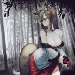 Rule 34 | animal ears, bamboo, bamboo forest, blush, breasts, brooch, brown hair, cleavage, closed mouth, collarbone, cowboy shot, dress, fingernails, forest, heoningu, imaizumi kagerou, jewelry, large breasts, long fingernails, long hair, long sleeves, monster girl, nature, off-shoulder dress, off shoulder, rain, red eyes, solo, tail, touhou, werewolf, wet, wet clothes, white dress, wide sleeves, wolf ears, wolf tail