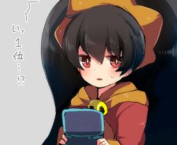 Rule 34 | 1girl, ashley (warioware), black hair, blush, bright pupils, commentary request, dress, grey background, hairband, handheld game console, herunia kokuoji, long hair, nintendo, nintendo 3ds, orange hairband, parted lips, red dress, red eyes, simple background, solo, sweatdrop, translation request, twintails, upper body, warioware, white pupils, witch