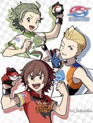 Rule 34 | 3boys, absurdres, ahoge, amagase touma, artist name, b4 bababibe, blonde hair, blue eyes, blue gloves, brown hair, clenched hand, collared shirt, creatures (company), game freak, gloves, green eyes, green gloves, grey hair, highres, holding, holding poke ball, idolmaster, idolmaster side-m, ijuuin hokuto, jupiter (idolmaster), male focus, middle finger, mitarai shouta, multiple boys, nintendo, open mouth, parody, poke ball, poke ball (basic), pokemon, pokemon swsh, red gloves, red shirt, shirt, single glove, sleeveless, sleeveless shirt, smile, style parody, teeth, upper teeth only