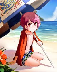 Rule 34 | 13-gou, 1boy, argyle clothes, argyle swimsuit, beach, beach umbrella, blurry, blurry foreground, closed mouth, cloud, collarbone, flower, holding, holding umbrella, looking at viewer, male focus, male swimwear, mole, mole under eye, multicolored clothes, multicolored male swimwear, multicolored swim trunks, multicolored swimsuit, navel, ocean, pink eyes, pink hair, pretty series, print male swimwear, print swim trunks, print swimsuit, pripara, reona west, smile, solo, swim trunks, swimsuit, trap, umbrella, white male swimwear, white swim trunks