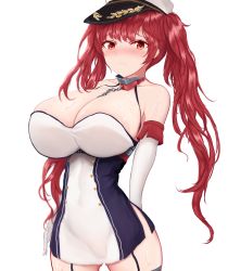 Rule 34 | 1girl, azur lane, black ribbon, blush, breasts, cleavage, cleavage cutout, clothing cutout, commentary request, cowboy shot, elbow gloves, frown, garter straps, gloves, gunbam sonyeon, hair ribbon, hat, highres, honolulu (azur lane), huge breasts, long hair, looking at viewer, peaked cap, red eyes, red hair, ribbon, simple background, solo, standing, twintails, very long hair, white background, white gloves, white hat