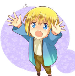 Rule 34 | 1boy, armin arlert, blonde hair, blue eyes, blush, carry me, flower, flying sweatdrops, long sleeves, male focus, moxue qianxi, open mouth, outstretched arms, shingeki no kyojin, short hair, solo, suspenders, aged down