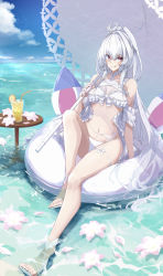 Rule 34 | 1girl, absurdres, ahoge, bare shoulders, beach, bikini, breasts, cleavage, fate/grand order, fate (series), frilled bikini, frills, highres, lady avalon (fate), lady avalon (second ascension) (fate), licking lips, long hair, looking at viewer, medium breasts, merlin (fate/prototype), nanakaku, navel, parasol, purple eyes, smile, solo, swimsuit, tongue, tongue out, umbrella, very long hair, white bikini, white hair