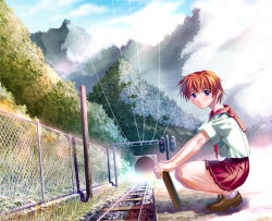 Rule 34 | 1girl, chain-link fence, fence, giant, giantess, power lines, railroad tracks, red hair, school uniform, serafuku, short hair, solo, squatting, third-party edit, tunnel, what