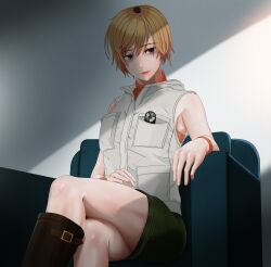 Rule 34 | 1girl, absurdres, bags under eyes, blonde hair, boots, chair, closed mouth, crossed legs, dead by daylight, feet out of frame, flashlight, heather mason, highres, jacket, legs, lips, looking at viewer, miniskirt, pencil skirt, short hair, silent hill (series), silent hill 3, simple background, sitting, skirt, sleeveless, sleeveless turtleneck, smile, solo, suzusiron, turtleneck, vest, white background, wristband