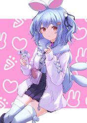 Rule 34 | 1girl, backpack, bag, black choker, blue hair, blue ribbon, candy, carrot hair ornament, cellphone, choker, closed mouth, feet out of frame, food, food-themed hair ornament, fur collar, hair ornament, hair ribbon, high-waist skirt, highres, holding, holding candy, holding food, holding lollipop, holding phone, hololive, jacket, lollipop, long sleeves, looking at viewer, medium hair, open clothes, open jacket, phone, pleated skirt, rabbit hair ornament, red eyes, ribbon, shiunnkaku, short eyebrows, skirt, sleeves past wrists, smartphone, solo, thick eyebrows, thighhighs, two side up, usada pekora, virtual youtuber, white jacket, white thighhighs