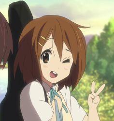 Rule 34 | 1girl, brown eyes, brown hair, hair ornament, hairclip, hirasawa yui, k-on!, one eye closed, open mouth, peace symbol, school uniform, screencap, stitched, third-party edit, v, wink