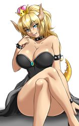 Rule 34 | 1girl, :d, armlet, bare shoulders, blonde hair, blue eyes, borrowed character, bowsette, bracelet, breasts, brooch, claws, collar, crown, eyes visible through hair, fangs, hair between eyes, horns, jewelry, large breasts, long hair, mario (series), monster girl, nintendo, open mouth, ponytail, smile, solo, spiked armlet, spiked bracelet, spiked collar, spiked tail, spikes, super crown, super mario bros. 1, tail, teeth, zantyarz