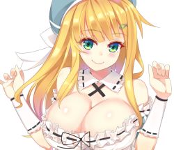 Rule 34 | 10s, 1girl, aqua eyes, ashu, bare shoulders, blonde hair, breasts, cleavage, dress, female focus, gauntlets, hair ornament, hairclip, hat, large breasts, long hair, ribbon-trimmed clothes, ribbon-trimmed collar, ribbon-trimmed sleeves, ribbon trim, senran kagura, smile, solo, upper body, white dress, yomi (senran kagura)
