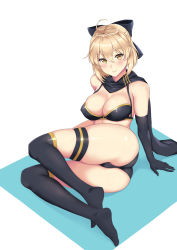 Rule 34 | 1girl, ahoge, ass, asymmetrical gloves, bikini, black bikini, black bow, black gloves, black scarf, black thighhighs, blonde hair, bow, breasts, elbow gloves, fate/grand order, fate (series), gloves, hair between eyes, hair bow, half updo, highres, large breasts, okita j. souji (fate), okita j. souji (first ascension) (fate), okita souji (fate), okita souji (koha-ace), over-kneehighs, ray (zxasqw66), scarf, short hair, single elbow glove, single glove, smile, solo, swimsuit, thigh strap, thighhighs, uneven gloves, yellow eyes