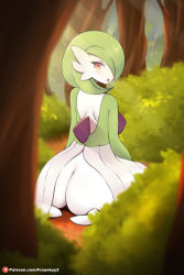 Rule 34 | 1girl, absurdres, androgynous, ass, blush, bob cut, bush, colored skin, commentary, creatures (company), curvy, dress, english commentary, feet, forest, fraankyy, from behind, game freak, gardevoir, gen 3 pokemon, green hair, green skin, hair over one eye, highres, looking at viewer, looking back, nature, nintendo, on floor, open mouth, outdoors, pokemon, pokemon (creature), red eyes, short hair, sitting, solo focus, thick thighs, thighs, tongue, white dress, white skin, wide hips
