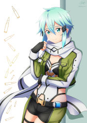 Rule 34 | 1girl, arm under breasts, black shorts, blue eyes, blue hair, breasts, chaps, cleavage, closed mouth, clothing cutout, commentary, cowboy shot, cropped jacket, drop shadow, fingerless gloves, gloves, green jacket, hair between eyes, hair ornament, hairclip, hand up, highres, jacket, ken-ji, long sleeves, looking at viewer, medium breasts, open clothes, open jacket, scarf, shadow, short hair, short shorts, shorts, side cutout, sidelocks, signature, sinon, smile, solo, standing, sword art online, twitter username, white scarf