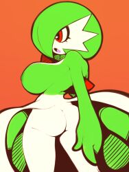 Rule 34 | 1girl, ass, back, breasts, colored skin, creatures (company), dress, flat color, game freak, gardevoir, gen 3 pokemon, green hair, highres, huge breasts, looking to the side, mystical, nintendo, orange background, pokemon, red eyes, short hair, sideboob, standing, white skin