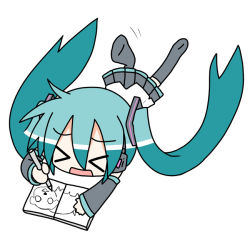 Rule 34 | &gt; &lt;, chibi, chibi miku, child&#039;s drawing, dog, drawing, closed eyes, hamo (dog), hatsune miku, minami (colorful palette), solo, thighhighs, twintails, vocaloid