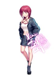 Rule 34 | 1girl, ^ ^, alternate costume, angel beats!, black footwear, black jacket, black skirt, blush, breasts, casual, cleavage, closed eyes, closed mouth, commentary, commission, criss-cross halter, cropped shirt, curvy, english commentary, full body, halterneck, hands in pockets, highres, iwasawa masami, jacket, large breasts, medium hair, miniskirt, navel, off shoulder, open clothes, open jacket, paid reward available, pencil skirt, red hair, second-party source, shiny skin, shirt, simple background, skeb commission, skirt, smile, solo, sprite, standing, stomach, white background, white shirt, zen (kamuro)