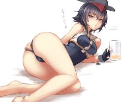 Rule 34 | 1girl, ass, asymmetrical hair, bare legs, beer mug, black hair, blue one-piece swimsuit, blush, breasts, brown eyes, commentary request, crop top, cup, drunk, fairy (kancolle), framed breasts, gloves, hair between eyes, i-14 (kancolle), kantai collection, mug, neckerchief, one-piece swimsuit, partially fingerless gloves, pout, sailor collar, school swimsuit, serious, short hair, single glove, sitting, small breasts, solo, swimsuit, thighs, translation request, utopia, yokozuwari