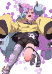 Rule 34 | 1girl, character hair ornament, commentary request, creatures (company), fu-ta, game freak, green hair, grey footwear, grey pantyhose, hair ornament, highres, iono (pokemon), jacket, long hair, multicolored hair, nintendo, open mouth, pantyhose, pokemon, pokemon sv, purple eyes, purple hair, sharp teeth, shoes, shorts, single leg pantyhose, sleeves past fingers, sleeves past wrists, solo, teeth, thigh strap, tongue, twintails, two-tone hair, upper teeth only, yellow jacket