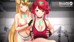 Rule 34 | 1boy, 2girls, animated, blobcg, breasts, choker, cum, cum on body, cum on breasts, cum on upper body, fingerless gloves, gloves, large breasts, looking at viewer, multiple girls, mythra (xenoblade), nipples, paizuri, paizuri under clothes, pov, pyra (xenoblade), sound, sports bra, tagme, topless, video, xenoblade chronicles (series), xenoblade chronicles 2