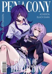 2girls acheron_(honkai:_star_rail) alternate_costume backgun belt black_swan_(honkai:_star_rail) black_undershirt breasts couple cover english_text fake_cover hair_spread_out highres honkai:_star_rail honkai_(series) large_breasts long_hair looking_at_viewer medium_breasts multiple_girls official_alternate_color purple_eyes purple_hair shirt shirt_under_shirt short_sleeves shorts smile very_long_hair yuri