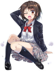 Rule 34 | 1girl, arm behind head, black footwear, black socks, blazer, bow, bowtie, brown eyes, brown hair, commentary request, e.o., grey skirt, highres, jacket, kneehighs, no headwear, one eye closed, open mouth, original, plaid, plaid skirt, pleated skirt, red bow, red bowtie, shirt, short hair, simple background, sitting, skirt, socks, solo, tears, thighs, v-shaped eyebrows, white background, white shirt