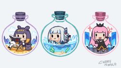 Rule 34 | 3girls, beach chair, blue hair, blunt bangs, book, bottle, cityscape, currynoodle art, fins, fish tail, gawr gura, gawr gura (1st costume), gradient hair, grey hair, hair ornament, highres, hololive, hololive english, in bottle, in container, long hair, microphone, mori calliope, mori calliope (1st costume), multicolored hair, multiple girls, ninomae ina&#039;nis, ninomae ina&#039;nis (1st costume), orange hair, pink hair, purple hair, seaweed, shark tail, sidelocks, streaked hair, swimming, tail, tentacle hair, very long hair, virtual youtuber
