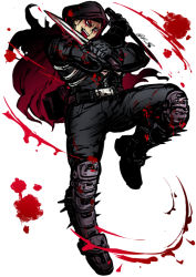 Rule 34 | 1boy, black hair, black hoodie, black pants, blood, blood splatter, bloody weapon, climaxmukr, dorohedoro, dual wielding, facial mark, fighting stance, full body, holding, holding weapon, hood, hoodie, kai (dorohedoro), knife, male focus, muscular, open clothes, open hoodie, pants, short hair, sideburns, solo, spiked boots, thick thighs, thighs, tight clothes, tight pants, weapon