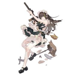 Rule 34 | 1girl, apron, arm up, assault rifle, bag, black dress, black footwear, bonnet, breasts, bridal garter, broken, broken cup, broken table, brown bag, brown eyes, brown hair, cleavage, closed mouth, dress, full body, girls&#039; frontline, green hair, green necktie, gun, handbag, highres, holding, holding gun, holding weapon, long hair, looking at viewer, m4 carbine, m4a1 (fluffy fruit tea) (girls&#039; frontline), m4a1 (girls&#039; frontline), maid, maid apron, mary janes, multicolored hair, necktie, official alternate costume, official art, pantyhose, puffy sleeves, rifle, serious, shoes, simple background, solo, streaked hair, table, third-party source, torn apron, torn clothes, torn dress, torn necktie, torn pantyhose, torn straps, transparent background, tray, umo (mica team), weapon, white apron, white pantyhose