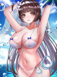 Rule 34 | 1girl, absurdres, armpits, arms behind head, bad id, bad pixiv id, bare shoulders, bikini, blue sky, blush, breasts, brown eyes, brown hair, cleavage, closed mouth, collarbone, feet out of frame, flower, ga yeah, girls&#039; frontline, hair flower, hair ornament, hairband, hand in own hair, highres, large breasts, lips, long hair, looking at viewer, navel, official alternate costume, sky, solo, standing, stomach, swimsuit, teardrop, type 95 (girls&#039; frontline), type 95 (summer cicada) (girls&#039; frontline), water, water drop, white bikini, white hairband