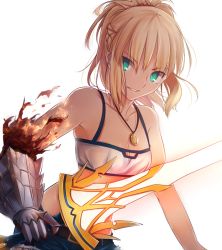 Rule 34 | 1girl, bare shoulders, blonde hair, braid, breasts, camisole, clarent (fate), cleavage, cutoffs, denim, denim shorts, fate/apocrypha, fate (series), french braid, gauntlets, green eyes, jewelry, locket, midriff, mordred (fate), mordred (fate/apocrypha), mordred (memories at trifas) (fate), pendant, short hair, shorts, simple background, small breasts, smile, solo, strapless, sword, tube top, tusia, weapon, white background