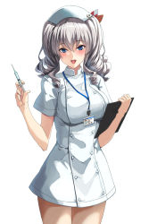 Rule 34 | 1girl, blue eyes, blush, breasts, buttons, cosplay, dress, hat, kantai collection, kashima (kancolle), large breasts, looking at viewer, medium hair, name tag, notepad, nurse, nurse cap, open mouth, seven (shijima), short sleeves, silver hair, simple background, solo, standing, syringe, upper body, white background, white dress