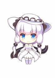 Rule 34 | 1girl, arms at sides, azur lane, bare shoulders, blue eyes, blunt bangs, blush, breasts, chibi, cleavage, closed mouth, commentary request, detached collar, dress, elbow gloves, eyelashes, frilled hat, frills, full body, garter straps, gloves, hair tubes, hat, highres, illustrious (azur lane), long hair, low-tied long hair, medium breasts, mole, mole under eye, simple background, smile, solo, standing, strapless, strapless dress, tareme, thighhighs, tri tails, white background, white dress, white gloves, white hat, white theme, white thighhighs, zettai ryouiki