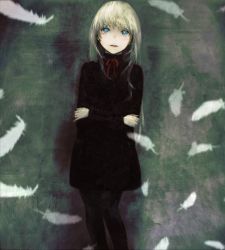 Rule 34 | 1girl, android, black dress, blonde hair, blue eyes, crossed arms, dress, feathers, grey background, grey theme, long hair, looking at viewer, nimirom, nimirom (6403aghm), original, solo, white hair