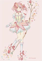Rule 34 | 1girl, artist name, bow (weapon), breasts, bubble skirt, buttons, choker, colorful, expressionless, floating hair, flower, frilled skirt, frills, full body, gloves, hair ribbon, highres, kaname madoka, leaf, looking at viewer, mahou shoujo madoka magica, mahou shoujo madoka magica (anime), mitsuko (325), multicolored background, neck ribbon, parted lips, pink eyes, pink hair, puffy short sleeves, puffy sleeves, red flower, red footwear, red ribbon, red rose, ribbon, rose, short hair, short sleeves, short twintails, simple background, skirt, small breasts, socks, solo, soul gem, sparkle, sparkle background, standing, standing on one leg, star (symbol), starry background, twintails, weapon, white background, white gloves, white socks