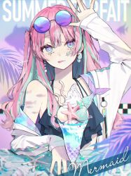 Rule 34 | :p, akakura, arm up, bare shoulders, blue nails, closed mouth, collarbone, earrings, eyewear on head, facial mark, fingernails, food, glass, highres, ice cream, jewelry, light blush, long hair, long sleeves, looking at viewer, nail polish, original, pink hair, purple eyes, shirt, smile, solo, sunglasses, table, tongue, tongue out, upper body, whipped cream, white shirt, wooden table