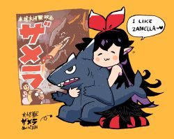 Rule 34 | 1girl, :3, black dress, black hair, blush stickers, bow, bow hairband, character request, colored inner hair, derivative work, dress, facing viewer, godzilla (series), hair bow, hairband, heart, highres, hugging object, long hair, multicolored hair, original, pantyhose, parody, pointy ears, rariatto (ganguri), red bow, red hairband, red pantyhose, sitting, smile, solo, striped clothes, striped pantyhose, stuffed toy, translation request, wariza, yellow background, zakuro (rariatto)