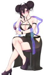 Rule 34 | 1girl, agent (girls&#039; frontline), alcohol, alternate costume, alternate eye color, arm support, armband, asymmetrical hair, bar stool, black dress, black hair, blue sash, blush, breasts, chinese commentary, cleavage, cocktail dress, collarbone, commentary request, crossed legs, cup, double bun, dress, drinking glass, drop earrings, drunk, earrings, eyelashes, full body, girls&#039; frontline, hagoromo, hair bun, hair ornament, halter dress, halterneck, head rest, heart, heart earrings, high heels, highres, invisible table, jewelry, knees, large breasts, looking to the side, messy hair, pao mian+dan, parted lips, pumps, red eyes, sangvis ferri, sash, shawl, short hair with long locks, sidelocks, simple background, sitting, solo, stool, tsurime, white background, wine, wine glass, wristband